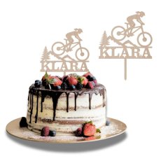 Dřevěný dortový zápich Cyklistka na kole se jménem na přání