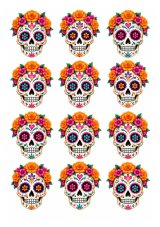 Wydruk jadalny na tort Día de los Muertos – czaszki cukrowe 12 szt. A4