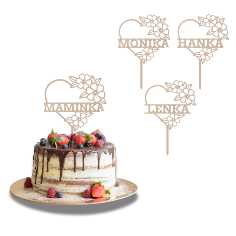 Drewniany topper na zamówienie– Kwiatowe serce z imieniem