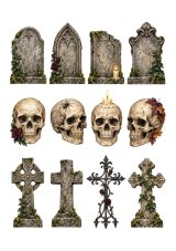 Wydruk jadalny na tort Halloween cmentarz – nagrobki, czaszki i krzyże 12 szt. A4