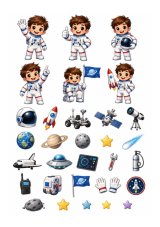 Jedlá tlač na tortu Malý astronaut a vesmírna výbava – hárok A4