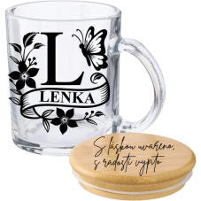 Szklany kubek z monogramem i bambusową pokrywką (300 ml)