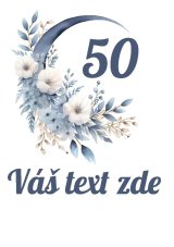 Wydruk jadalny - Półksiężyc z szaroniebieskimi kwiatami, tekstem i cyfrą