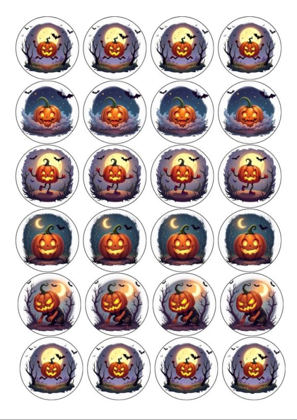 Jedlý tisk na cupcake – Oživlé halloweenské dýně, sada 24 ks Jedlý tisk na cupcake – Oživlé halloweenské dýně, sada 24 ks