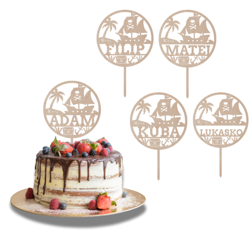 Drewniany topper na zamówienie– Statek piracki w kole