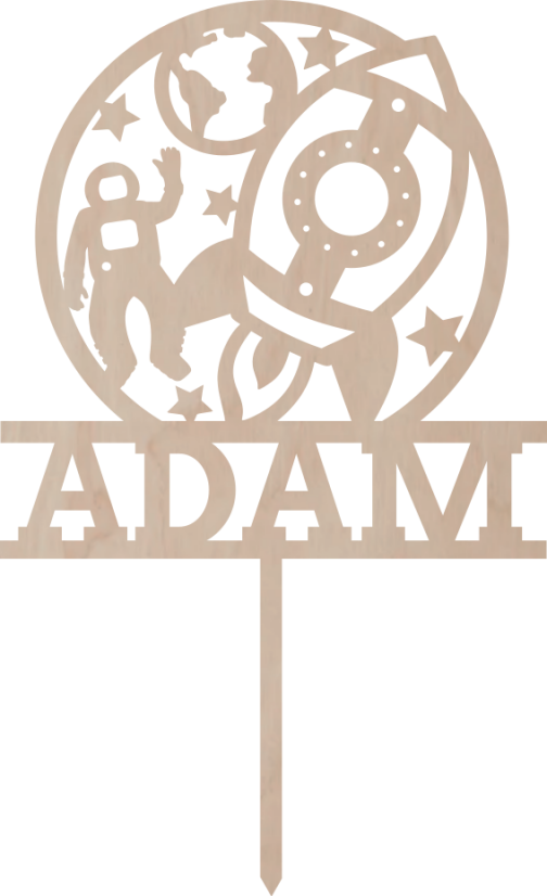 Drewniany topper na zamówienie– Kosmonauta i rakieta z imieniem