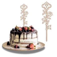 Drewniany topper na tort Klucz z różami – 7 × 18 cm