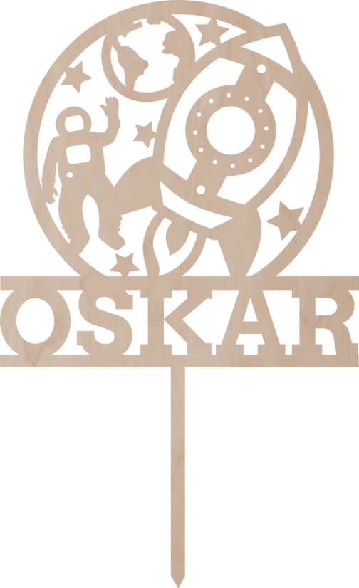 Drewniany topper na zamówienie– Kosmonauta i rakieta z imieniem