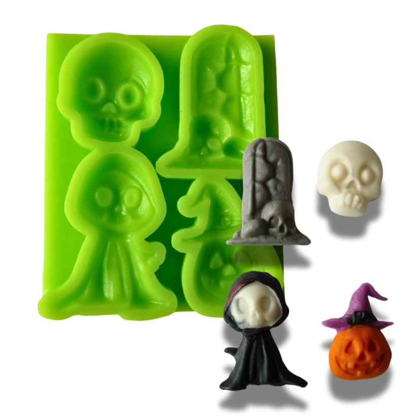 Forma silikonowa Halloween – czaszka, duch, dynia i nagrobek