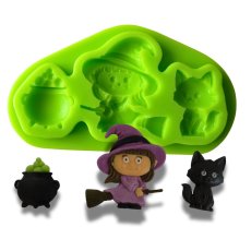 Forma silikonowa Halloween – czarownica, kociołek i kot