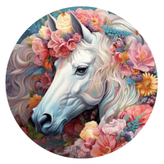 Jedlý tisk – Magický bílý kůň v kvetoucí zahradě