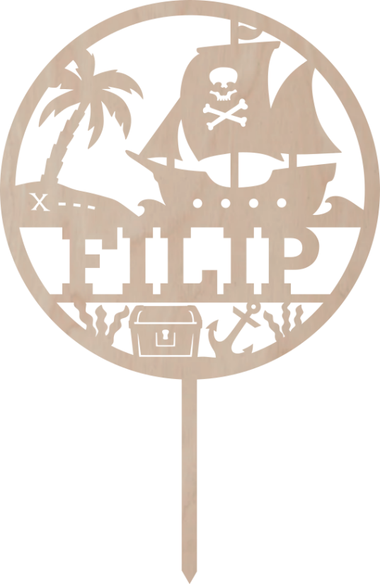 Drewniany topper na zamówienie– Statek piracki w kole