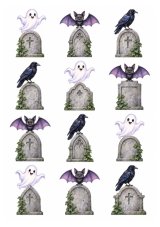Wydruk jadalny na tort Halloween cmentarz z duszkami, nietoperzami i krukami 12 szt. A4