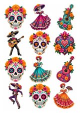 Wydruk jadalny na tort Día de los Muertos – czaszki i motywy meksykańskie 12 szt. A4