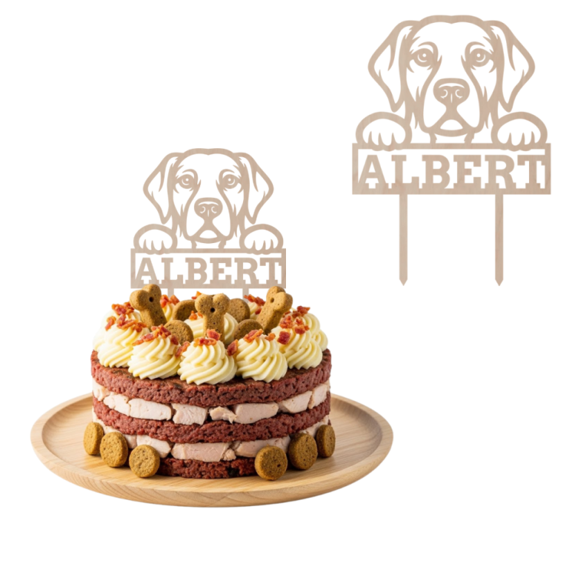 Drewniany topper na zamówienie – Golden retriever z imieniem